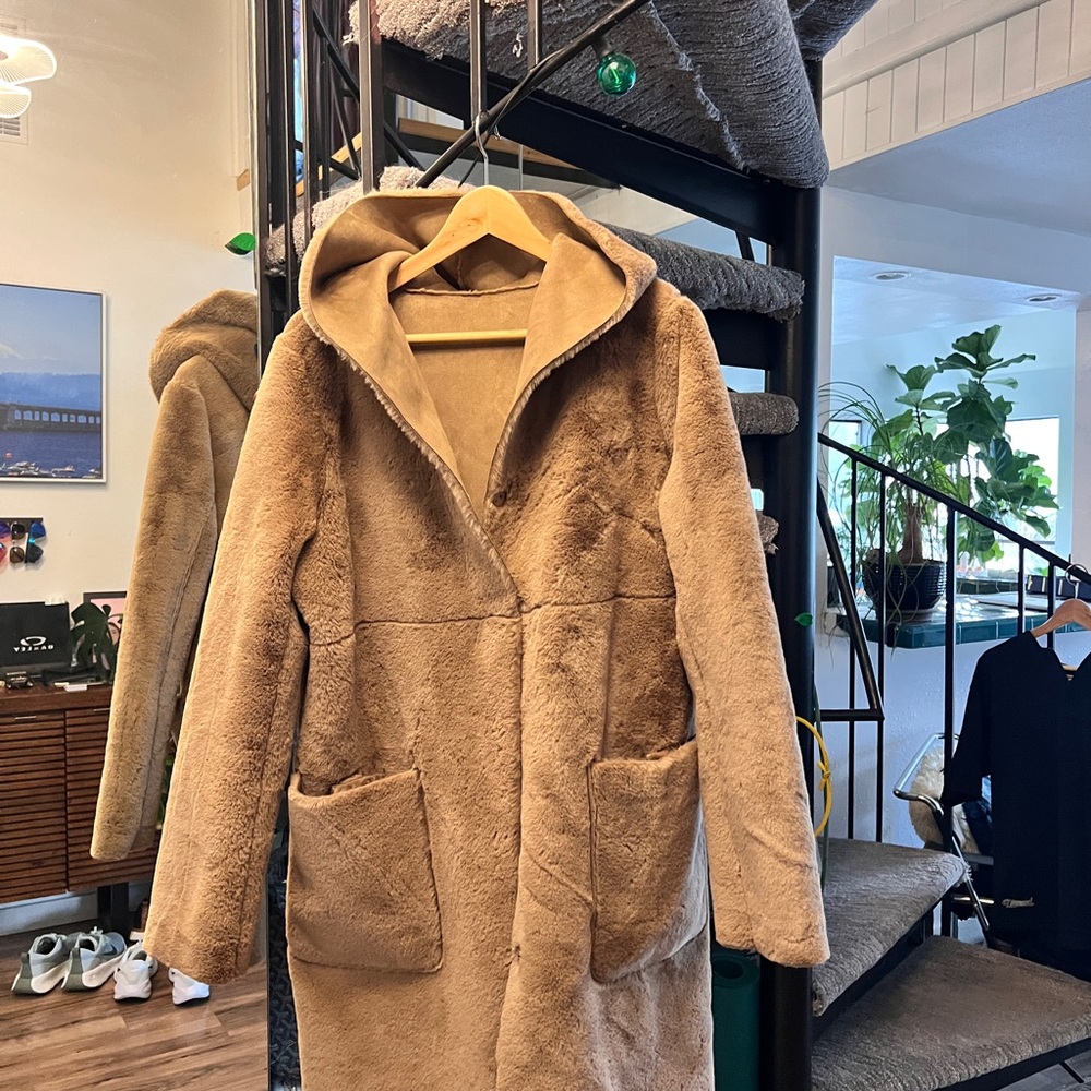 Zara Camel Teddy Coat with Hood